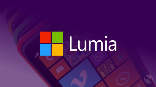 Telefony Nokia Lumia na pozadí s logem Microsoft Lumia v popředí